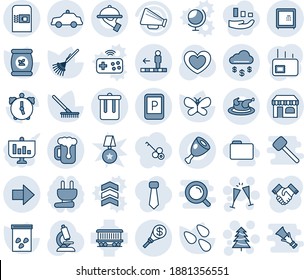 Blue tint and shade editable vector line icon set - coffee machine vector, trash bin, shop, parking sign, travolator, safety car, right arrow, christmas tree, wine glasses, rake, butterfly, seeds