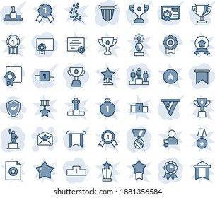 Blue tint and shade editable vector line icon set - star letter vector, pedestal, pennant, medal, sertificate, shield check, pennon, certificate, award cup, flag, golden branch, winner, win, gold