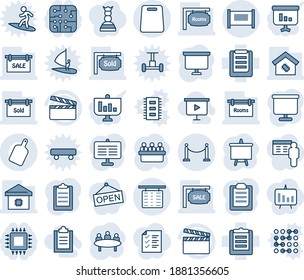 Blue tint and shade editable vector line icon set - fence vector, flight table, presentation board, meeting, clipboard, clapboard, sale, rooms, sold signboard, smart home, cutting, chip, chart, open