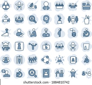 Blue tint and shade editable vector line icon set - dispatcher vector, female, vip, baby, metal detector gate, terrorism, speaking man, pedestal, team, manager place, disabled, doctor, pregnancy, hr