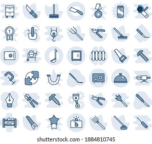 Blue tint and shade editable vector line icon set - terrorism vector, farm fork, rake, pruner, saw, hoe, garden knife, scalpel, rack, application, safe, ink pen, dish, ladle, radiator, gold medal