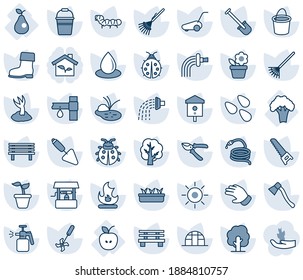 Blue tint and shade editable vector line icon set - flower in pot vector, trowel, shovel, rake, seedling, tree, bucket, watering, sproute, pruner, glove, boot, saw, lawn mower, lady bug, fire, sun
