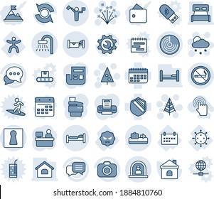 Blue tint and shade editable vector line icon set - dispatcher vector, baggage conveyor, no smoking, female, reception, bed, shower, hotel, radar, christmas tree, snowfall, firework, manager place