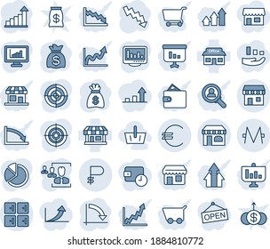Blauer Farbtint und Farbtöne bearbeitbare Vektorsymbol-Set - Shop Vektorgrafik, Checkroom, Duty Free, Wachstumsstatistik, Geldbeutel, Krisen-Diagramm, Speicher, Euro, Rubel, Monero, Monitor Statistik, Kuchen, hr, Ziel