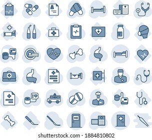 Tinta azul y sombra editable conjunto de íconos vectoriales - vectores de cama, sala médica, hotel, primeros auxilios, pulso cardíaco, caso médico, diagnóstico, estetoscopio, presión arterial, píldoras, ampolla, cuero cabelludo, tomografía