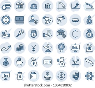 Blue tint and shade editable vector line icon set - crisis graph vector, yen, cent, coin, dollar exchange, bank, account, money bag, piggy, investment, cash pay, wallet, check, purse, torch, tree