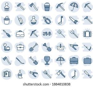 Blue tint and shade editable vector line icon set - umbrella vector, stamp, baggage larry, suitcase, scales, job, shovel, farm fork, bucket, pruner, axe, scalpel, fragile, themes, case, ladle, saw