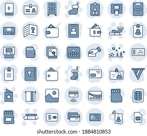 Blue tint and shade editable vector line icon set - identity vector, ticket, christmas sock, landscape, sleigh, star postcard, card, medical calendar, gallery, sd, sim, credit, tap pay, atm, wine