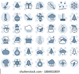 Blue tint and shade editable vector line icon set - storm cloud vector, clouds, christmas tree, gift, santa claus, sock, ball, snowflake, snowfall, snowman, hat, snowball house, sale, rowanberry