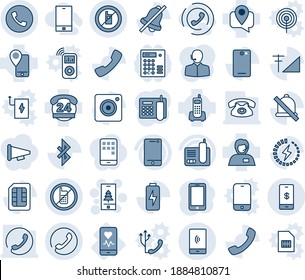 Blue tint and shade editable vector line icon set - phone vector, no mobile, sign, christmas, heart monitor, office, 24 hours, support, tracking, cell, radio, back, call, camera, sim, mute, charge