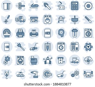 Blue tint and shade editable vector line icon set - coffee machine vector, washer, fork loader, metal detector gate, snowmobile, ripper, lawn mower, tomography, heart gear, atm, printer, copier