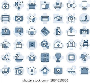 Blue tint and shade editable vector line icon set - checkroom vector, travolator, gift, bow, sleigh, bird house, doctor case, first aid kit, bag, pills blister, milk, container, fragile, cargo, rack