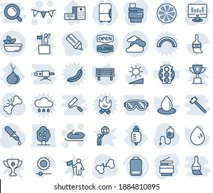 Blue tint and shade editable vector line icon set - clouds vector, snowmobile, flag garland, statistic monitor, water drop, bench, dropper, broken bone, hospital building, counter, lemon slice, gold