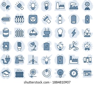 Blue tint and shade editable vector line icon set - bulb vector, factory, fire, milk, oil barrel, low battery, torch, brightness, charge, desk lamp, windmill, heater, eco house, socket, power plug