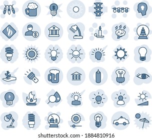 Blue tint and shade editable vector line icon set - sun vector, safety car, garland, candle, snowball house, tree, brainstorm, bulb, fire, eye, blood test, traffic light, torch, brightness, bank