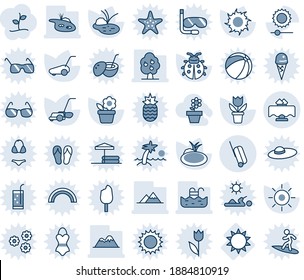 Blue tint and shade editable vector line icon set - suitcase vector, flower in pot, lawn mower, lady bug, sun, pond, brightness, pool, fruit tree, mountains, restaurant table, sproute, sunglasses