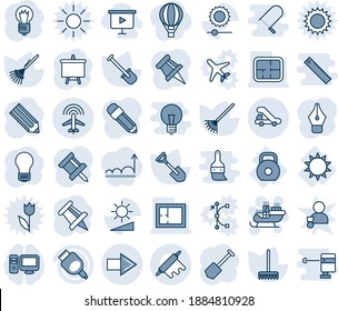 Blue tint and shade editable vector line icon set - right arrow vector, plane radar, trap truck, santa sleigh, presentation board, drawing pin, bulb, job, pencil, shovel, rake, sun, weight, hdmi, pc