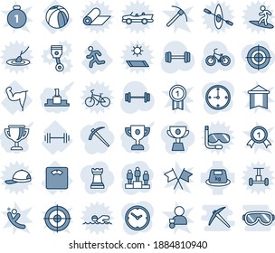 Blue tint and shade editable vector line icon set - pedestal vector, barbell, bike, floor scales, power hand, run, basketball ball, heavy, clock, award cup, target, job, chess tower, winner, pennant
