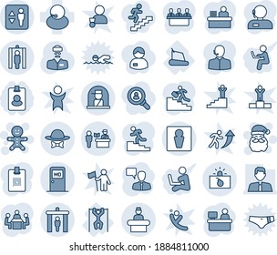 Blue tint and shade editable vector line icon set - passport control vector, security gate, elevator, male, reception, medical room, metal detector, terrorism, officer window, santa claus, cake man