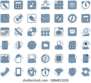Blue tint and shade editable vector line icon set - mobile vector, phone back, call, menu, protect, user, calculator, clock, alarm, mail, scanner, sd, sim, network, folder, calendar, notes, download