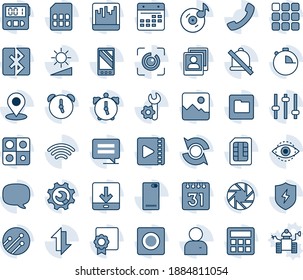 Blue tint and shade editable vector line icon set - mobile vector, phone back, call, menu, message, camera, gallery, protect, tuning, user, calculator, alarm, stopwatch, record, scanner, sim, folder