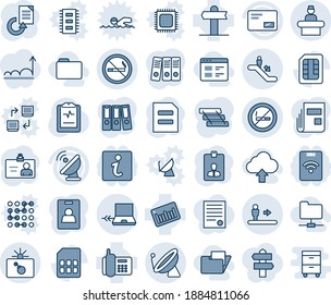 Blue tint and shade editable vector line icon set - satellite antenna vector, escalator, no smoking, bomb in case, reception, sign, notebook connect, identity card, document, reload, pulse clipboard