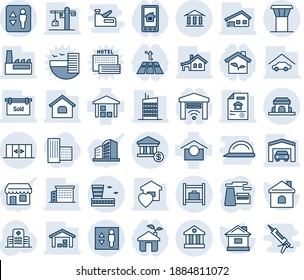 Blue Tint And Shade Editable Vector Line Icon Set - Airport Tower Vector, Elevator, Automatic Doors, Baggage Room, Building, Factory, House, Hospital, Warehouse Storage, Bank, Account, With Garage