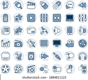 Blue tint and shade editable vector line icon set - satellite antenna vector, clapboard, reel, radio, news, speaker, settings, equalizer, tv, video camera, network, cell phone, touch screen, dialog