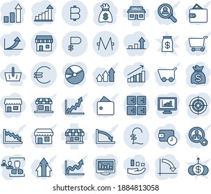 Blue tint and shade editable vector line icon set - checkroom vector, duty free, growth statistic, money bag, crisis graph, store, euro, pound, bitcoin, ruble, monero, monitor statistics, pie, hr