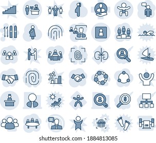 Blue tint and shade editable vector line icon set - passport control vector, female wc, baby, recieptionist, ski, handshake, speaking man, pedestal, team, meeting, pregnancy, kidneys, gymnastics, hr
