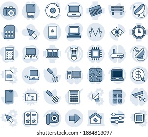 Blue tint and shade editable vector line icon set - notebook connect vector, camera, right arrow, calculator, pc, garden fork, bench, clock, barcode, satellite antenna, remote control, laptop, sim