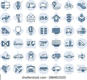 Blue tint and shade editable vector line icon set - plane vector, baggage trolley, airport bus, larry, ladder car, helicopter, traffic controller, departure, train, travolator, escalator down, truck