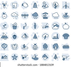 Blue tint and shade editable vector line icon set - clouds vector, christmas tree, holly, mountains, flower in pot, wheelbarrow, butterfly, lady bug, seedling, rain, well, sickle, pumpkin, pond