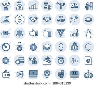 Blue tint and shade editable vector line icon set - dispatcher vector, vip, handshake, graduate, money bag, cash, finger up, sertificate, dollar, cent, coin, investment, encashment, account history
