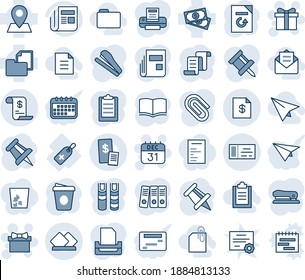Blue tint and shade editable vector line icon set - ticket vector, gift, 31 dec calendar, contract, book, coffee, drawing pin, document reload, medical label, cash, folder, news, account statement
