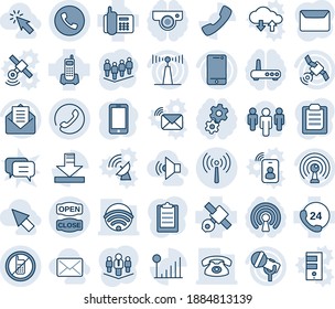 Blue tint and shade editable vector line icon set - antenna vector, phone, no mobile, team, satellite, office, 24 hours, microphone, cell, mail, call, download, cellular signal, clipboard, company