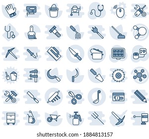 Blue tint and shade editable vector line icon set - trowel vector, garden fork, wheelbarrow, bucket, glove, hoe, sickle, sprayer, monitor pulse, stethoscope, blood pressure, share, themes, ladle