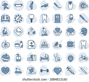 Blauer Farbtint und Farbtöne bearbeitbare Vektorsymbol-Set - Rauchen Platz, Vektorgrafik, medizinischer Raum, Herzimpuls, Diagnose, Spritze, Durchstechflasche für Bluttests, Mikroskop, Skalpel, Tomographie, Grill, Fahrrad, Run, Hand