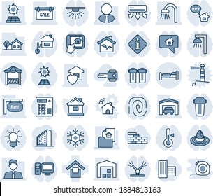 Blue tint and shade editable vector line icon set - bed vector, office building, house, warehouse storage, with tree, sun panel, garage, estate document, sale, rent, agent, bathroom, sweet home, key