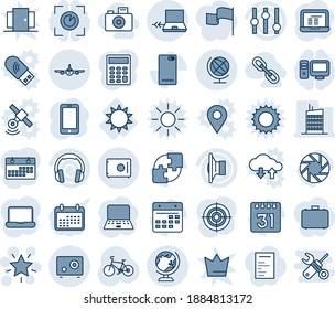 Blue tint and shade editable vector line icon set - globe vector, plane, notebook connect, christmas star, mobile phone, pc, bike, sun, speaker, settings, headphones, back, camera, calendar, safe