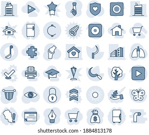 Blue tint and shade editable vector line icon set - sun vector, lock, pennant, money bag, tree, butterfly, sickle, heart shield, lungs, eye, joint, play button, rec, record, cent, ink pen, tie, cart