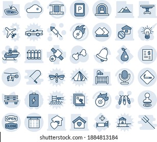 Blue tint and shade editable vector line icon set - smoking place vector, reception, stamp, flight table, parking sign, helicopter, garland, firework rocket, santa sleigh, bench, broken bone, pear