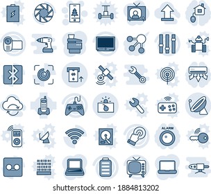 Blue tint and shade editable vector line icon set - satellite antenna vector, terrorism, christmas mobile, office phone, tv, gamepad, settings, video camera, touch screen, battery, record, wireless