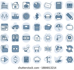 Blue tint and shade editable vector line icon set - waiting area vector, right arrow, insurance, office binder, document search, circle chart, printer, lawn mower, house, pills, car delivery, record