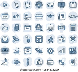 Blue tint and shade editable vector line icon set - suitcase vector, identity, plane, speaking man, card, graduate, brainstorm, document, meeting, calendar, circle chart, three leafs, schedule, cash