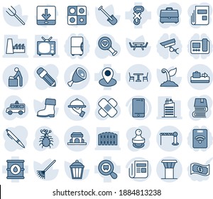 Blue tint and shade editable vector line icon set - airport tower vector, baggage conveyor, barrier, cafe, baby room, shovel, farm fork, rake, sproute, boot, garden light, picnic table, patch, virus