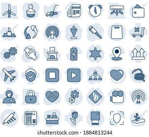 Blue tint and shade editable vector line icon set - plane vector, pennant, pen, lawn mower, hose, fireplace, heart pulse, joint, support, up side sign, no trolley, tulip, shield, antenna, news, stop