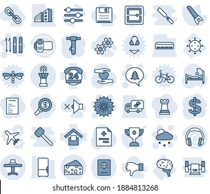 Blue tint and shade editable vector line icon set - airport tower vector, passport, firework, snowfall, ski, merry christmas message, dollar sign, tie, saw, diagnosis, hospital bed, heart hand, gear