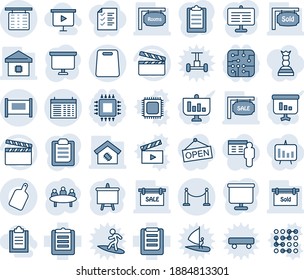 Blue tint and shade editable vector line icon set - fence vector, flight table, schedule, presentation board, meeting, clipboard, clapboard, sale, rooms, sold signboard, smart home, cutting, chip