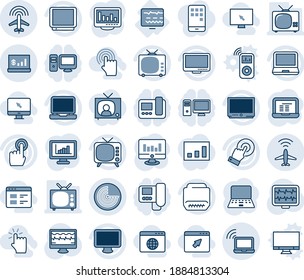 Blauer Farbtint und Farbtöne bearbeitbare Vektorsymbol-Set - Flugzeug-RadarVektorgrafik, drahtloses Notebook, PC, Statistikmonitor, Puls, Diagnose, Fernseher, Touchscreen, Laptop, Hdmi, Kontenstatistiken, Hand-, Cursor-